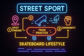 Neon Skateboarding Infographic with Trick Techniques and Urban Culture for Youth Sports Education