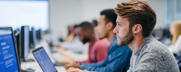 Focused students in a computer lab environment. Ideal for illustrating education, technology, innovation, and collaborative learning concepts. Diverse, engaged learners.