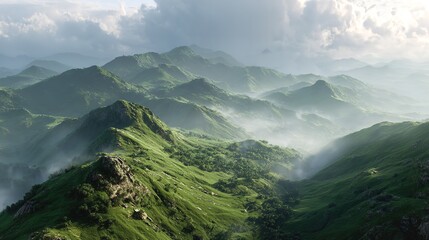 A tranquil morning unveils lush green mountains veiled in mist inviting adventure and exploration with soft diffused