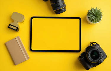 A lively flat lay showcases a tablet, professional cameras, an award, and a plant, highlighting tools.