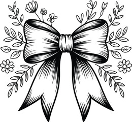 Hand drawn ribbon bow with floral accents delicate decorative element sketch style