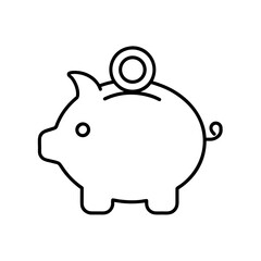Outline drawing of a piggy bank with a coin on top on transparent background