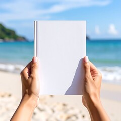 Hands holding a blank white book on a beach