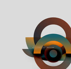 Abstract circles overlap, creating dynamic visual effect. Warm tones blend with cool shades on gray backdrop. Minimalist design.