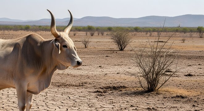 Majestic Ankole Watusi Cattle Grazing on Dry Landscape in Africa