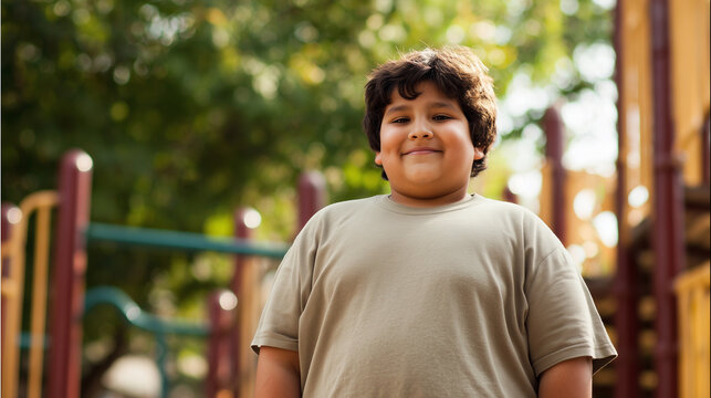 Happy, overweight young middle east boy wearing a t-shirt, standing in a park near a playground. he has dark brown skin and black hair. Plus-size, obese young boy, health problems. Fast food causing o
