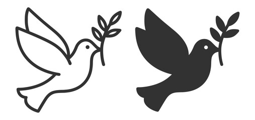 Peace dove icon. Bird with olive branch symbol. Outline vector illustration on transparent background
