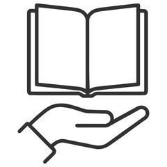 Book in hand icon. Education, charity and learning support symbol. Outline vector illustration on transparent background