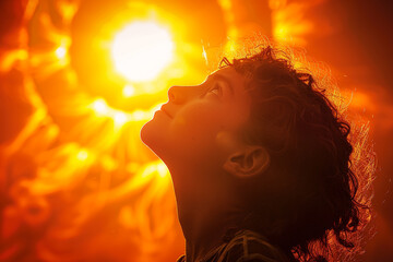 A captivating illustration of a figure looking up at sun in awe, beautifully showcasing grandeur and radiance of our magnificent sun, evoking a sense of wonder and fascination   