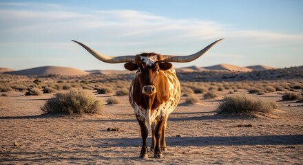 Majestic Texas Longhorn Standing Tall in the Vast Desert Landscape