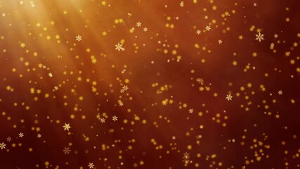 Golden snowflakes drifting and falling across warm brown and orange defocused background with sunrays, festive winter holiday atmosphere with glowing bokeh effect - Powered by Adobe