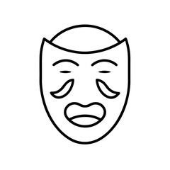 Outline drawing of a theatrical comedy mask design on transparent background