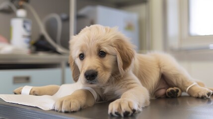 An Adorable Golden Retriever Puppy With Clear, Innocent Eyes Lies on an Examination Table in a Veterinary Clinic&mdash;Looking Calm and Curious, Capturing a Gentle Moment of Pet Healthcare Check-Up