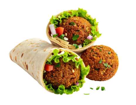 Deliciously detailed image of freshly prepared falafel wraps and a loose falafel ball on a black background