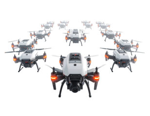 A fleet of small, white, camera-equipped aircraft arrayed in a circular formation against black background