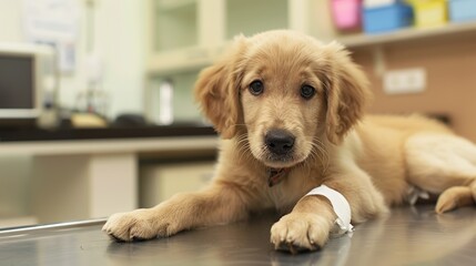 An Adorable Golden Retriever Puppy With Clear, Innocent Eyes Lies on an Examination Table in a Veterinary Clinic&mdash;Looking Calm and Curious, Capturing a Gentle Moment of Pet Healthcare Check-Up