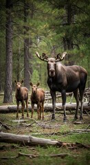 Obraz premium Moose family portrait a large bull with two calfs in forest