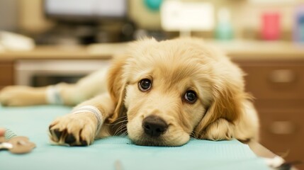 An Adorable Golden Retriever Puppy With Clear, Innocent Eyes Lies on an Examination Table in a Veterinary Clinic&mdash;Looking Calm and Curious, Capturing a Gentle Moment of Pet Healthcare Check-Up