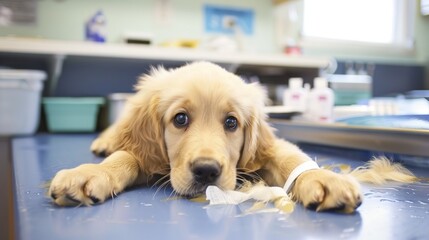 An Adorable Golden Retriever Puppy With Clear, Innocent Eyes Lies on an Examination Table in a Veterinary Clinic&mdash;Looking Calm and Curious, Capturing a Gentle Moment of Pet Healthcare Check-Up