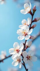 Fototapeta premium White cherry blossoms, delicate petals against blue sky , nature, springtime, flower petals