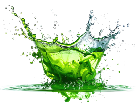 A vibrant splash of green liquid erupts from a central point, showcasing fluid dynamics