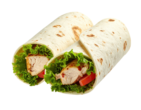 Two rolled tortilla wraps with lettuce, cooked chicken, and tomato filling, isolated on black