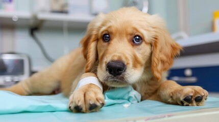 An Adorable Golden Retriever Puppy With Clear, Innocent Eyes Lies on an Examination Table in a Veterinary Clinic&mdash;Looking Calm and Curious, Capturing a Gentle Moment of Pet Healthcare Check-Up