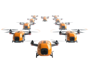 Aerial view of several drones arranged in a pattern against a stark black background