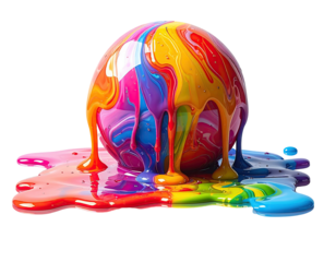 A sphere melting and flowing with vibrant rainbow-colored paint against a stark black background