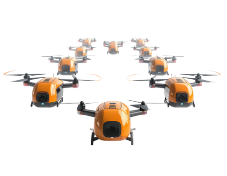 Aerial view of several drones arranged in a pattern against a stark black background