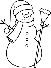 Classic Christmas snowman outline vector.
Snowman holding a broom children's coloring page and template.
Transparent background. SVG.
