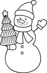 Classic Christmas snowman outline vector.
Snowman holding Christmas tree children's coloring page and template.
Transparent background. SVG.
