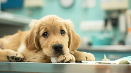An Adorable Golden Retriever Puppy With Clear, Innocent Eyes Lies on an Examination Table in a Veterinary Clinic&mdash;Looking Calm and Curious, Capturing a Gentle Moment of Pet Healthcare Check-Up