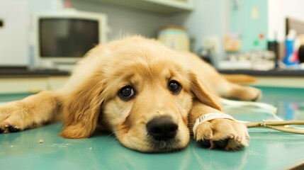 An Adorable Golden Retriever Puppy With Clear, Innocent Eyes Lies on an Examination Table in a Veterinary Clinic&mdash;Looking Calm and Curious, Capturing a Gentle Moment of Pet Healthcare Check-Up