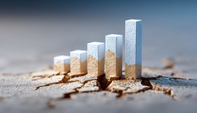 A bar graph made of sand rises from cracked dry ground, symbolizing growth, fragility, and potential instability.
