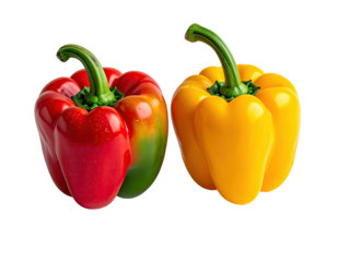 A vibrant close-up of two bell peppers, one red, one yellow, against a pure black backdrop