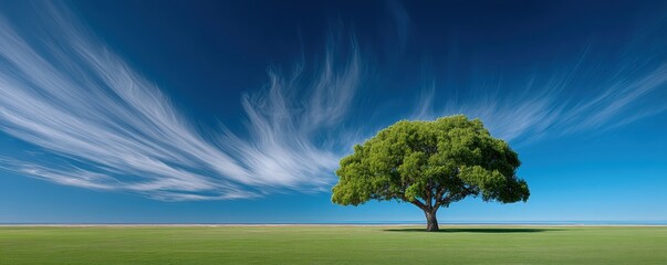 A lone green tree stands on a vast grassy field under a vivid blue sky with wispy clouds stretching dramatically.