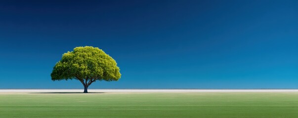A single tree stands on a vast green field under a clear blue sky, symbolizing solitude and serenity.