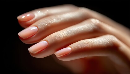 A well-manicured hand with natural, glossy nails is shown against a dark background.