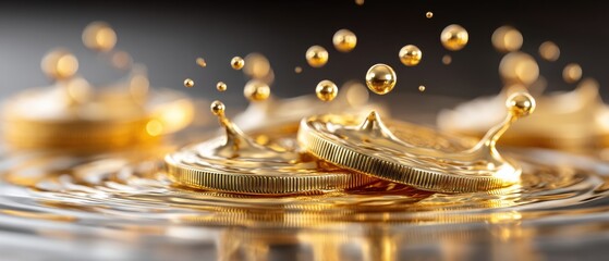 Gold coins splashing into liquid, creating dynamic droplets and ripples, symbolizing wealth, investment, and prosperity.