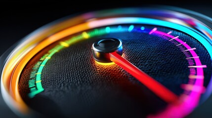 A colorful speedometer with a glowing needle and vibrant gradient markings, symbolizing speed and performance.