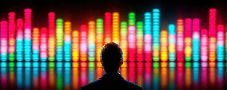 A person looks at vibrant, colorful sound bars glowing against a dark background, evoking a sense of music and technology.