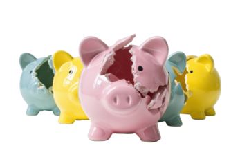 Broken piggy banks in various colors
