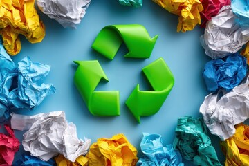 Green recycling symbol surrounded by colorful crumpled paper on a blue background, representing recycling and environmental awareness.