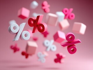 Floating pink and white percentage symbols and cubes on a pink gradient background, symbolizing discounts, sales, or finance.