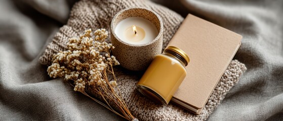 Cozy flat lay with a candle, dried flowers, a small bottle, and a notebook on a knitted blanket.