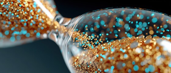 A glass hourglass filled with sparkling gold and blue particles, symbolizing the passage of time.