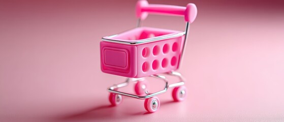 A small pink toy shopping cart on a smooth pink surface, creating a playful and minimalistic scene.