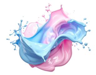 Two colored liquid splashes interact, creating a dynamic, flowing, and artistic composition