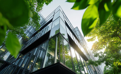 Low-angle view of a modern glass office building reflecting green trees and bright sunlight.
